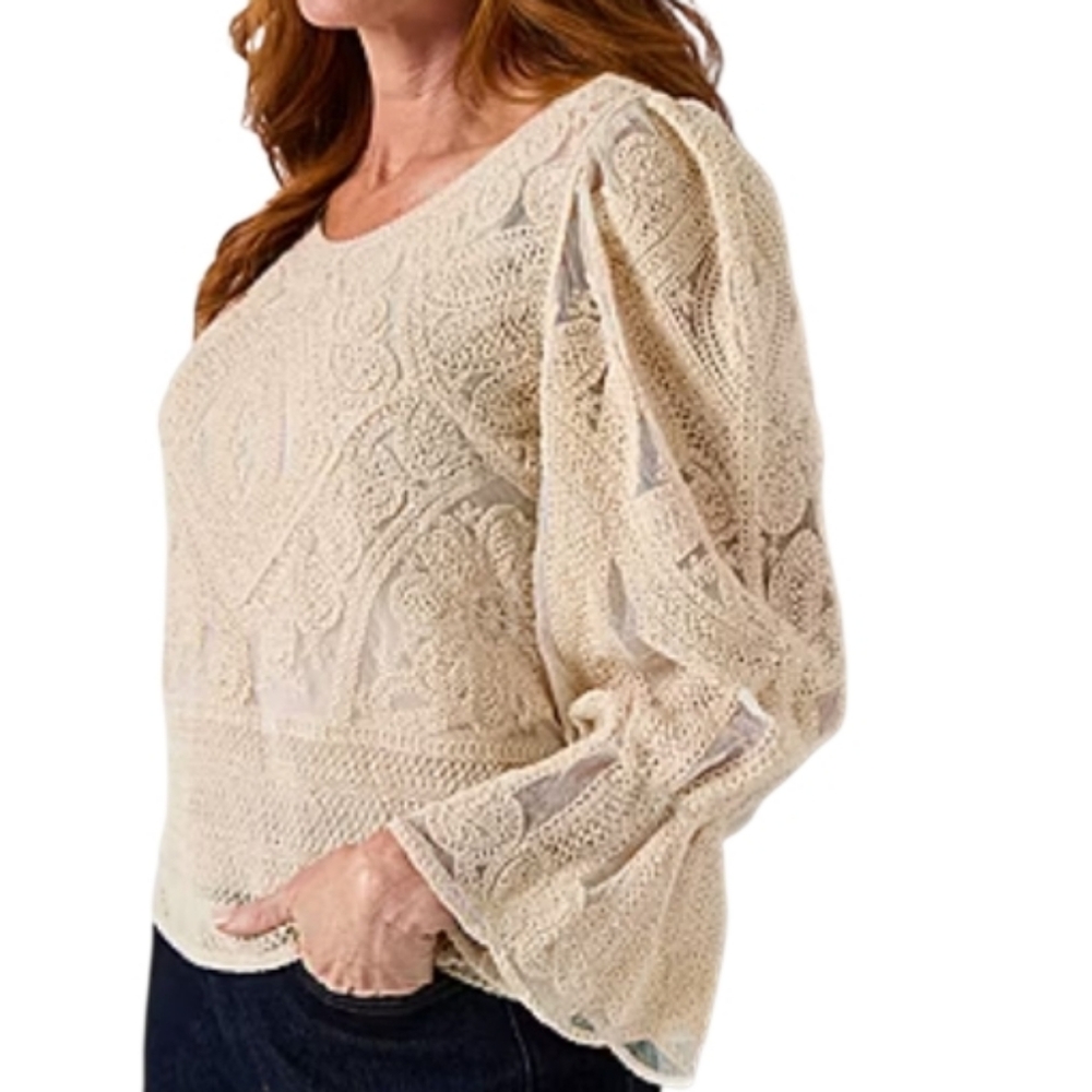 Ultra Pink Cream Lace Embroidered Lantern Long Sleeve Scoop Neck Top Size XL NEW - Picture 12 of 12